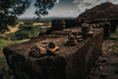 Close-up of stone stack on rock