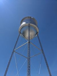 Low angle view of water tower against clear blue sky