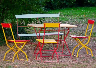 Empty chairs and tables in park