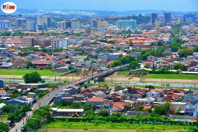 High angle view of buildings in city