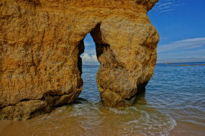 Rock formations on sea shore against sky