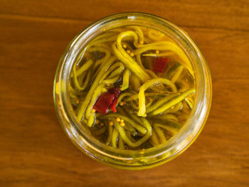 High angle view of pasta in jar on table