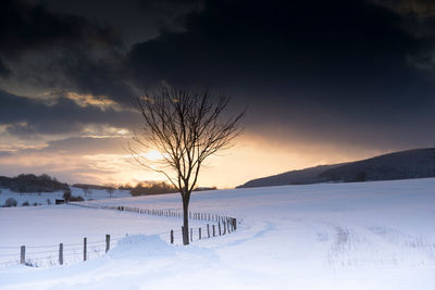 Empty landscape with snow. evening light bathes the expanse in bright colors. aatal in brilon.