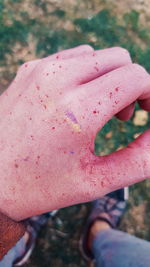 Close-up of hand on pink leaf