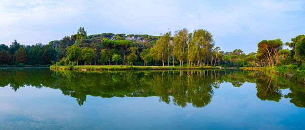 Reflection of trees in lake against sky