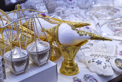 Close-up of christmas decorations on table