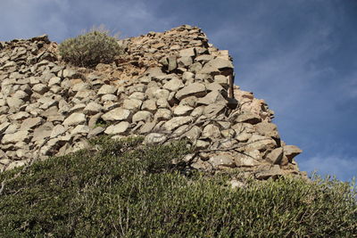 Low angle view of rocks on shore against sky