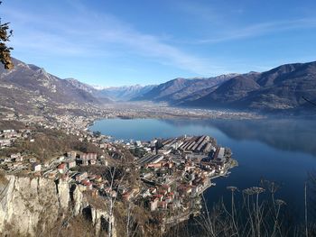 Panoramic view of lake and mountains against sky