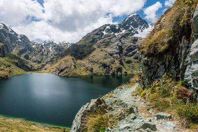 Scenic view of lake by mountains against sky