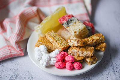 High angle view of food in plate on table