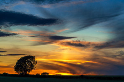 Silhouette trees on field against romantic sky at sunset