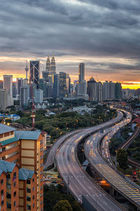 High angle view of traffic on road at night