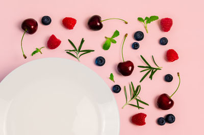 Fresh cherries, blueberries, raspberries, mint and rosemary leaf for healthy food concept.