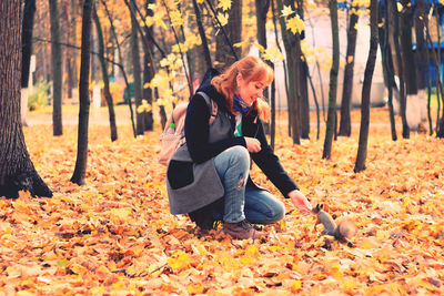 Full length of senior man sitting on leaves in forest