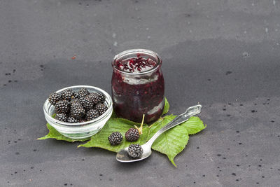 High angle view of drink in jar
