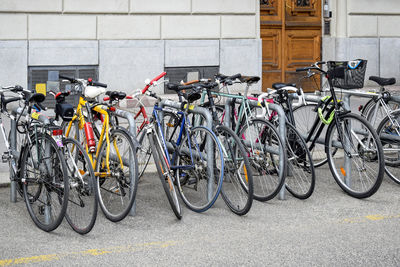 Bicycle parking in historic center of the city. active urban lifestyle. bikes on street.