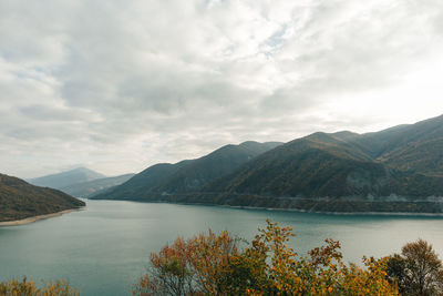 Landscape view with thick clouds of zhinvali reservior tourist spot of goergia country.