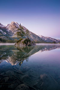 Scenic view of lake and mountains against clear sky