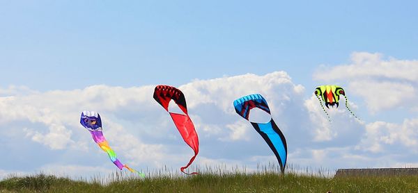 Low angle view of kite flying in field against blue sky