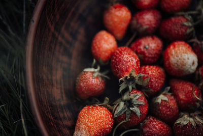 High angle view of strawberries