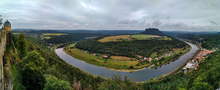 High angle view of trees on landscape against sky