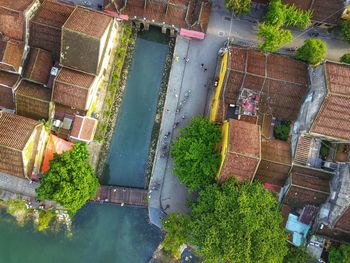 High angle view of buildings and trees in city