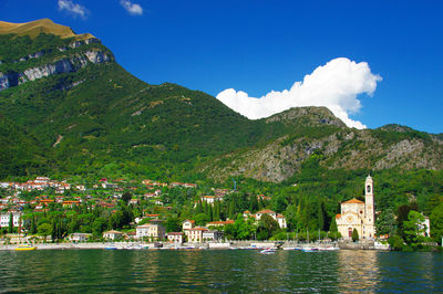 Calm lake against plants on landscape