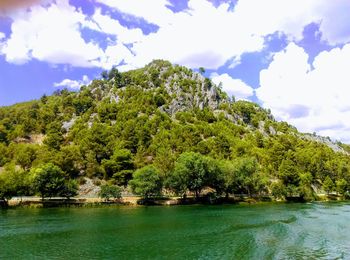 Scenic view of lake by trees against sky