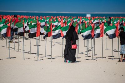 Rear view of woman standing by flags at beach during sunny day