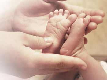 Close-up of hands holding baby feet