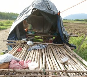 High angle view of woman sitting in tent