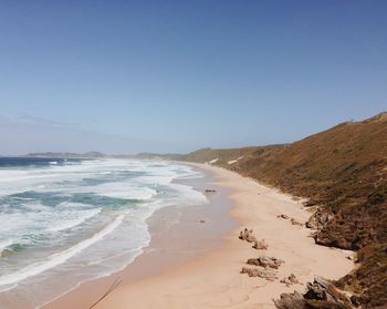 Scenic view of beach against clear sky