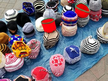 High angle view of multi colored objects for sale