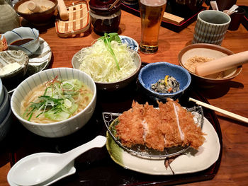 High angle view of meal served on table