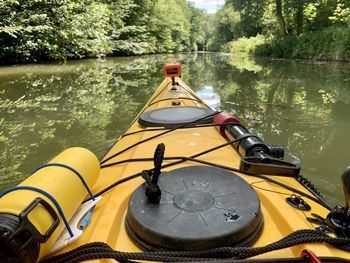 High angle view of boat floating on lake