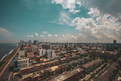 High angle view of buildings against sky