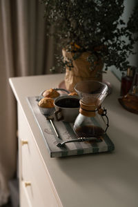 High angle view of coffee cup on table