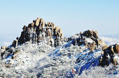 View of snow on landscape against clear sky