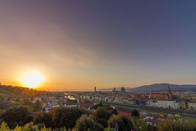 High angle view of buildings against sky during sunset