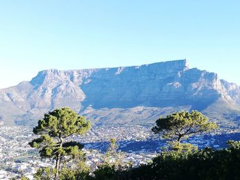 Scenic view of mountains against clear blue sky