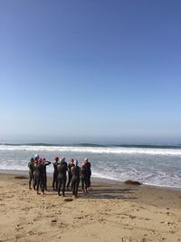 People wearing wetsuit while standing on shore at beach against clear sky
