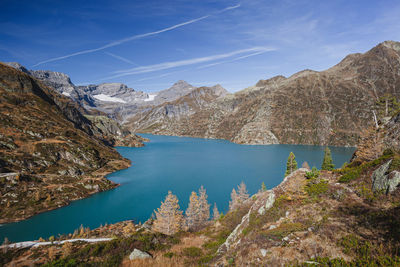 Scenic view of lake and mountains against sky