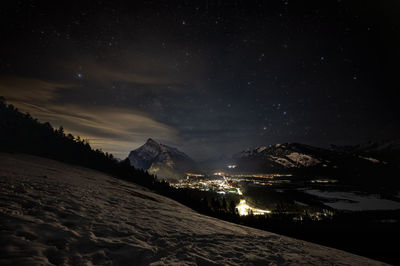 Banff lights at night with stars and almost the milky way