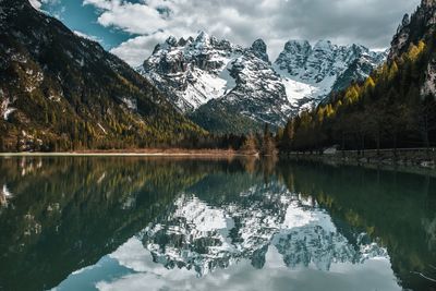 Scenic view of lake and snowcapped mountains against sky