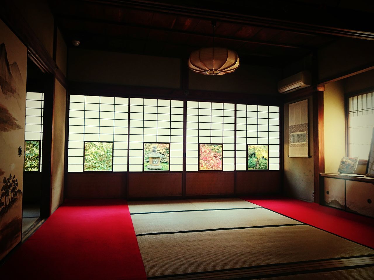 indoors, window, architecture, no people, day, built structure, red, flooring, ceiling, glass - material, empty, building, lighting equipment, table, furniture, absence, transparent, domestic room