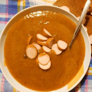 High angle view of soup in bowl