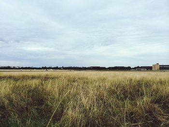 Scenic view of grassy field against cloudy sky