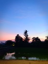 Silhouette trees by lake against sky during sunset