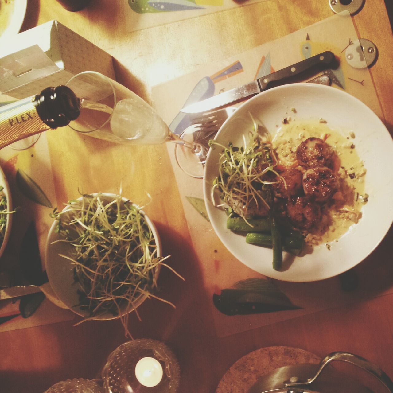 indoors, table, food and drink, still life, food, high angle view, freshness, healthy eating, bowl, plate, close-up, spoon, fork, preparation, no people, ready-to-eat, directly above, home interior, wood - material, variation