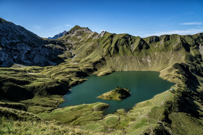 Scenic view of lake and mountains against sky